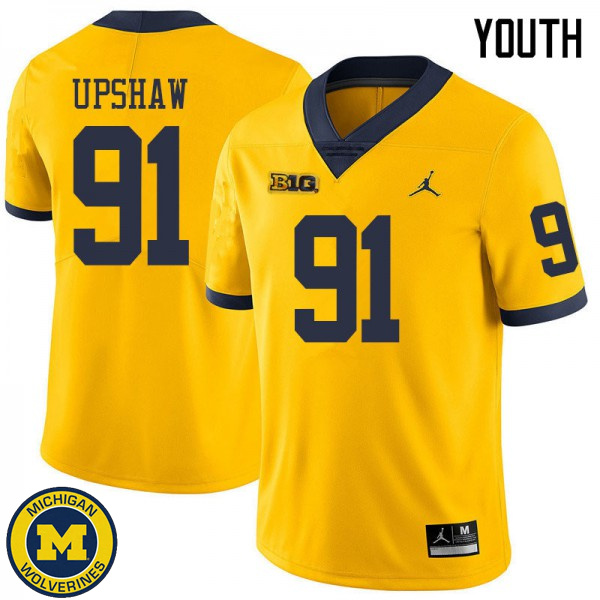 Youth Michigan Wolverines #91 Taylor Upshaw Yellow Jordan Brand College Game Jersey